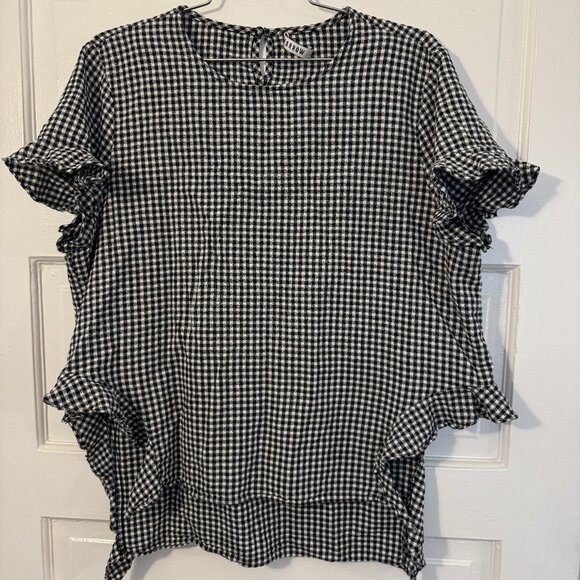 Need Supply - Farrow Gingham Black & White Checkered Ruffle asymmetrical top L - Picture 1 of 6